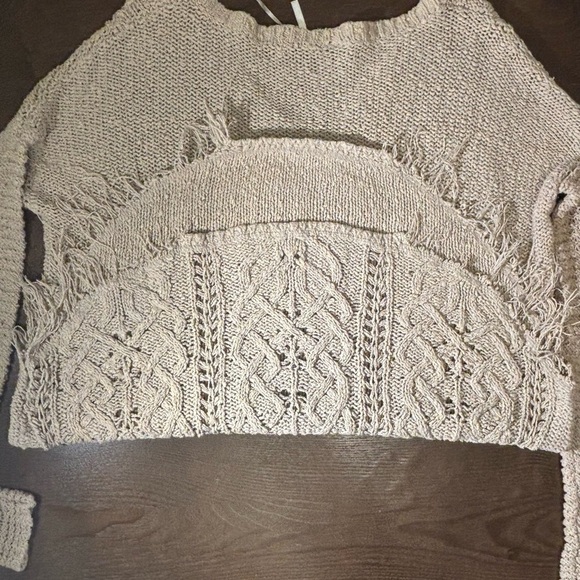 Free People Tan Crew Neck Sweater with Intricate Knit Pattern - Picture 8 of 12